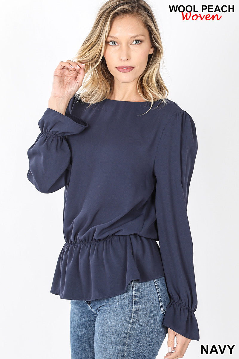 The Jessica Woven Wool Peach Navy Blouse